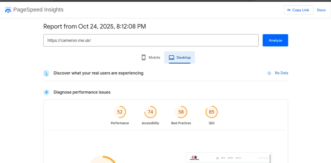 Cameron and Cameron PageSpeed desktop score before rebuild