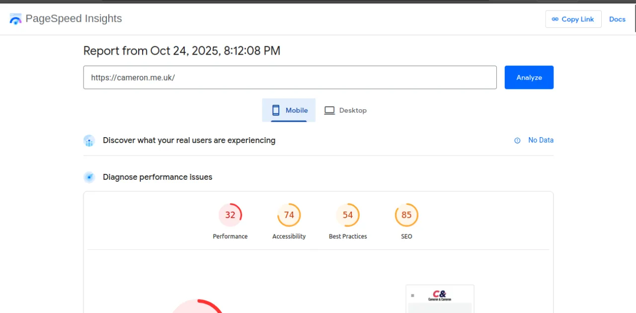 Cameron and Cameron PageSpeed mobile score before rebuild